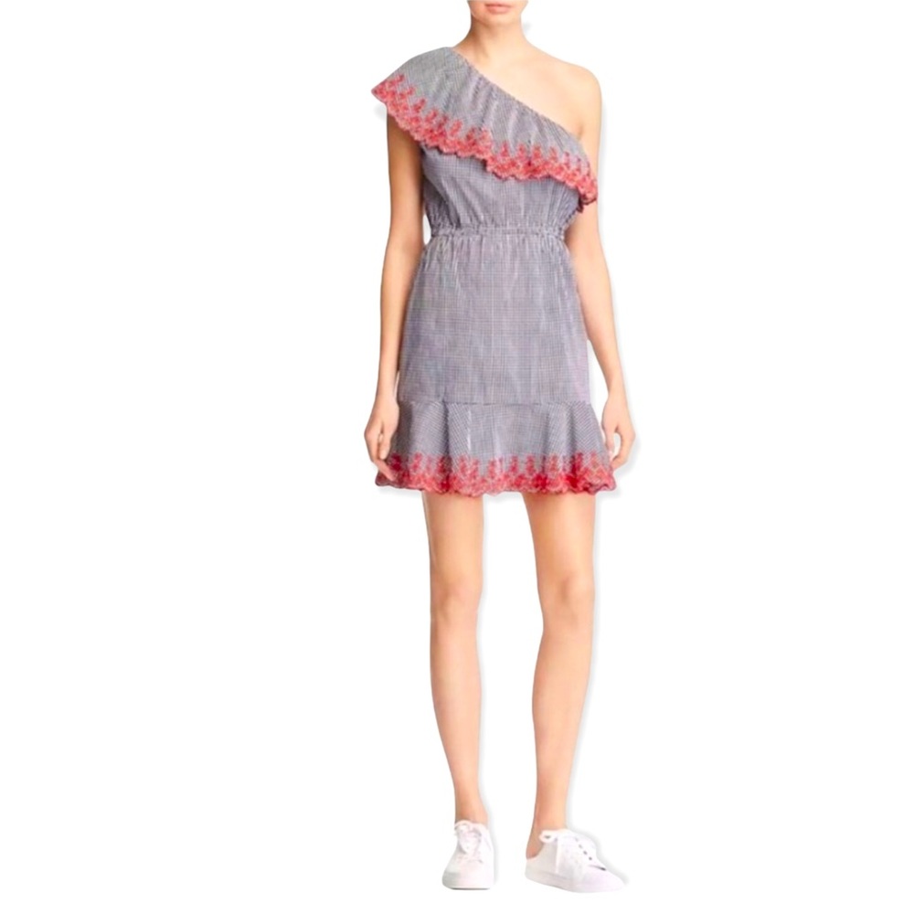 Lucy Paris Black Gingham Picnic Ruffle Embroidered One Shoulder Dress Large